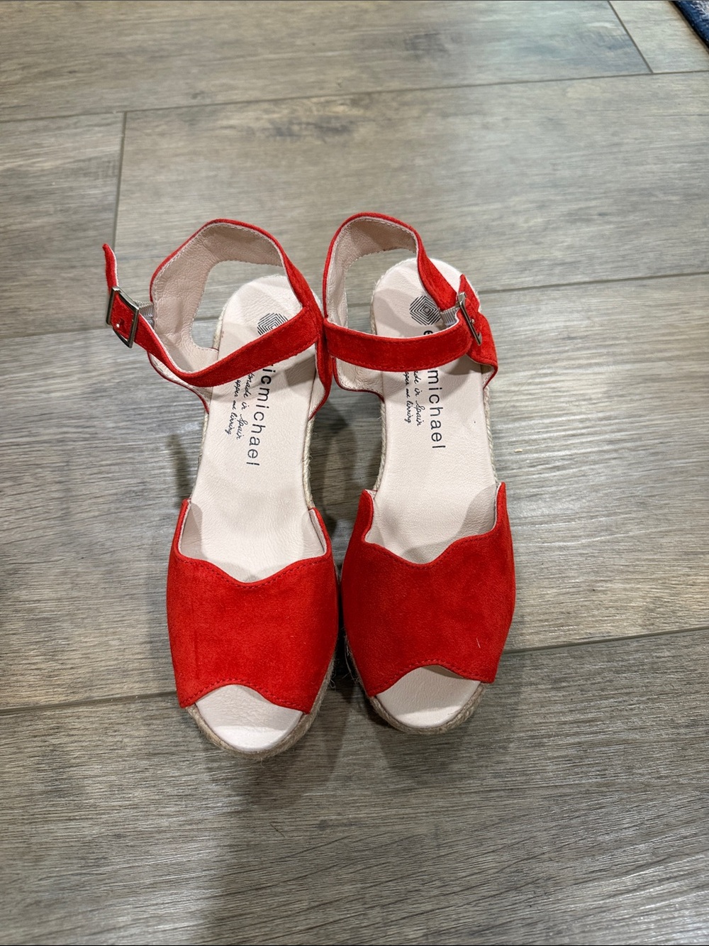 Eric Michael Red Suede Ankle-Strap Wedge Sandals